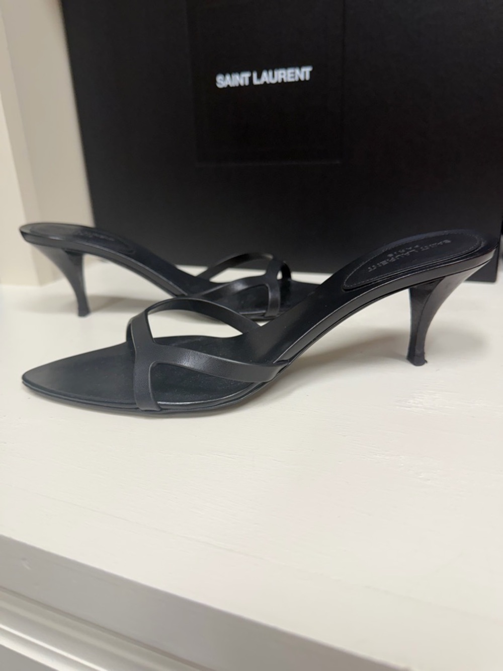 Saint Laurent Black Pointed Slide Heels with Double Strap - Picture 2 of 9